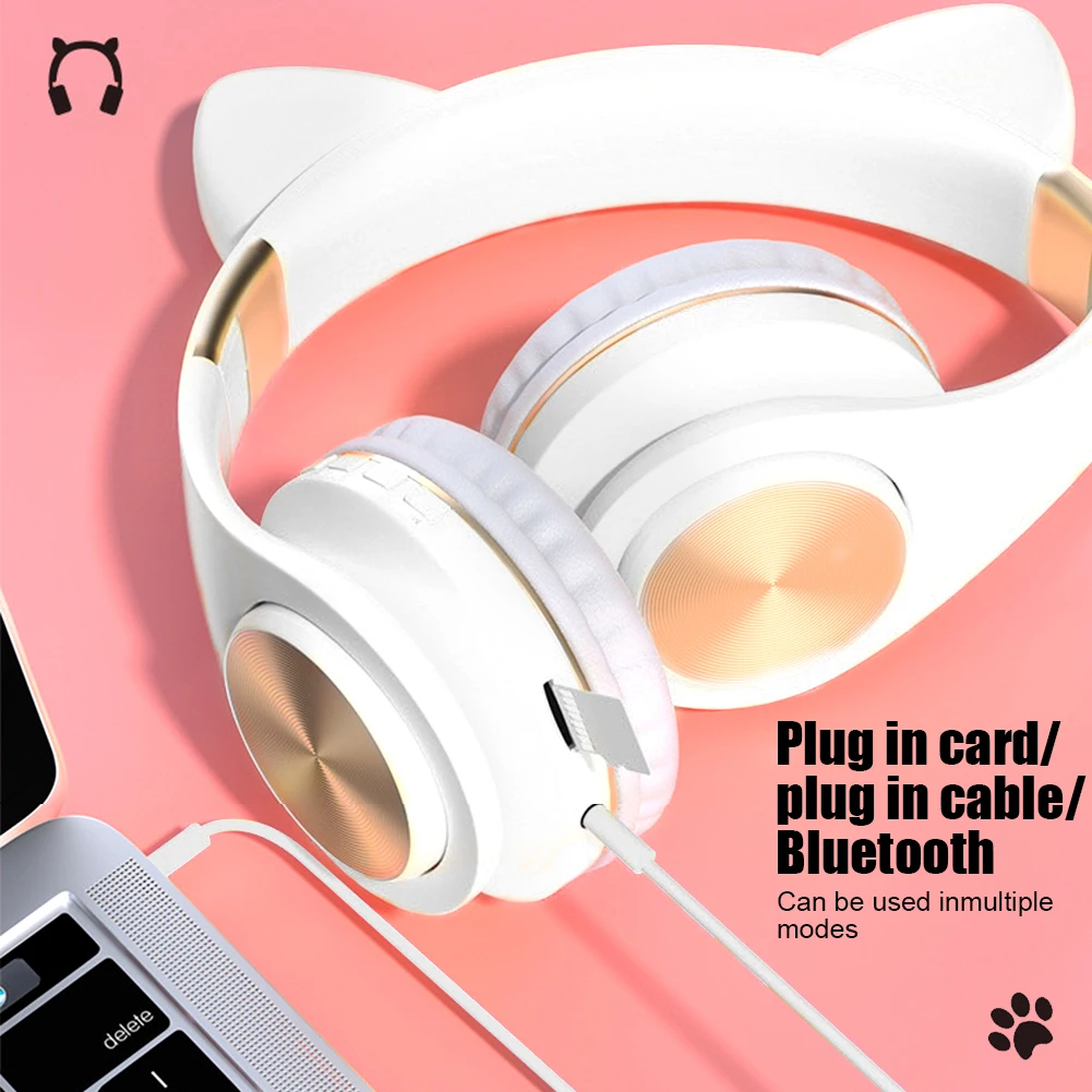 Ergonomic Support TF Card With LED Light Cat Ear Gift Wireless Bluetooth Headset Noise Cancelling Music Listening Gaming HIFI