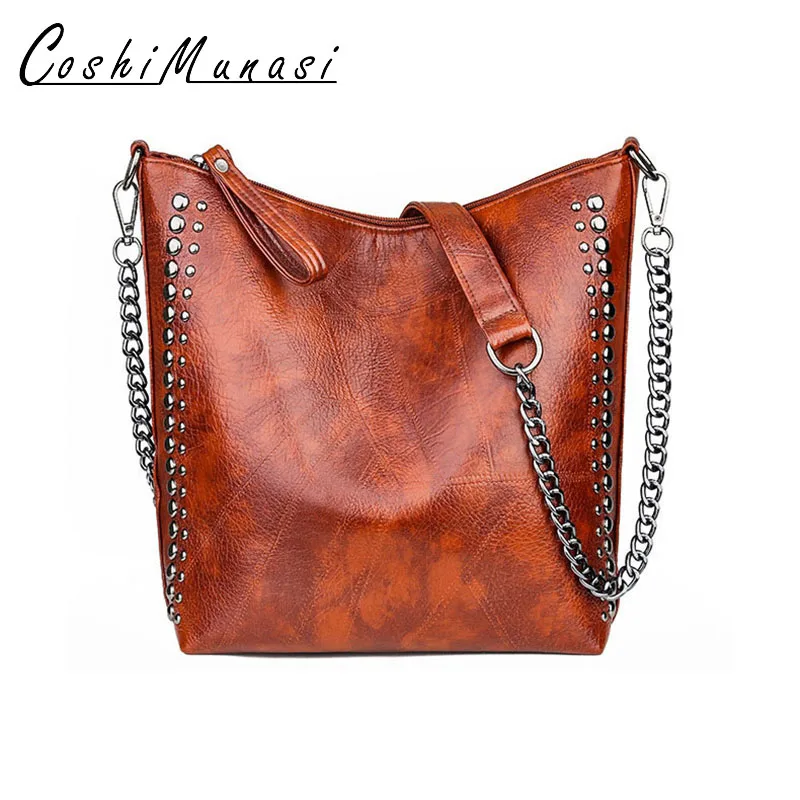 

Vintage PU Leather Ladies HandBag Retro Motorcycle Large Capacity Bucket Bag Dark Chain Punk Style Stud Crossbody Bag For Women
