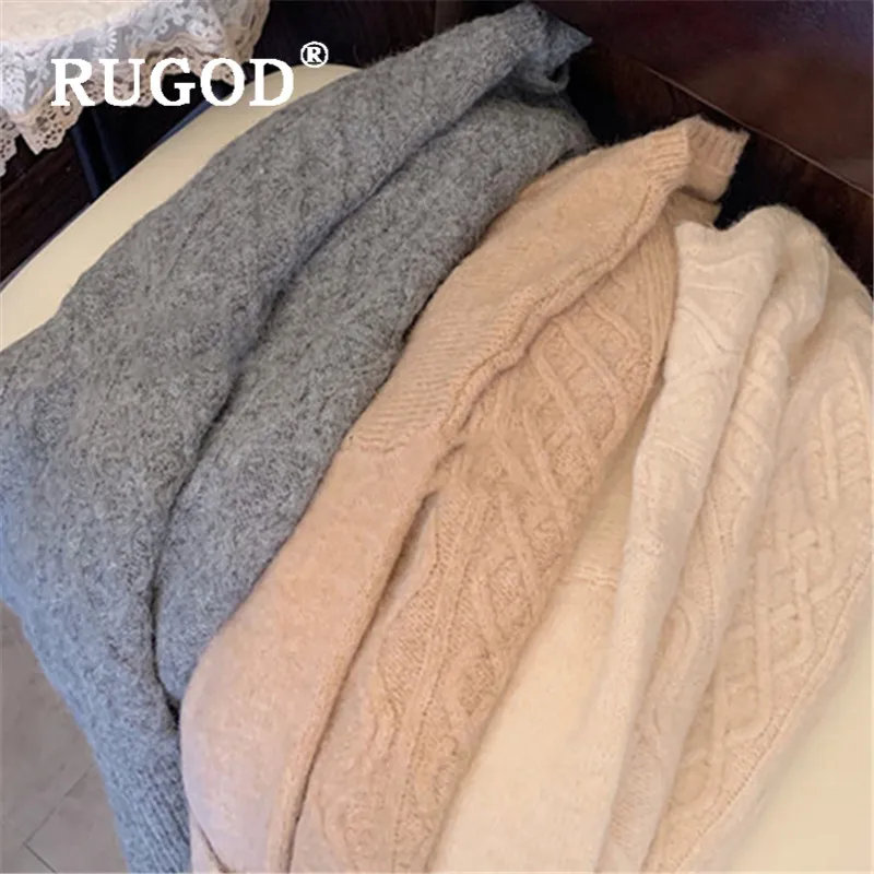 RUGOD винтажный женский свитер с крученым узором, элегантный Свободный пуловер с круглым вырезом и длинным рукавом, весенний длинный свитер большого размера для женщин