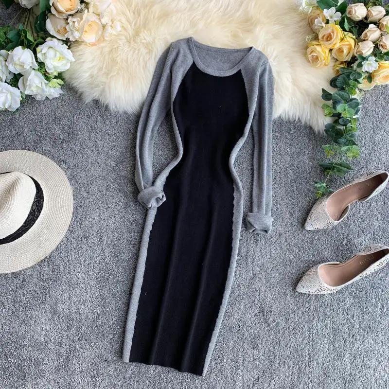 

2019 Western style Knitted Dress assorted colors Design Long Sleeve Elastic Force Package Hip Sweater Dress