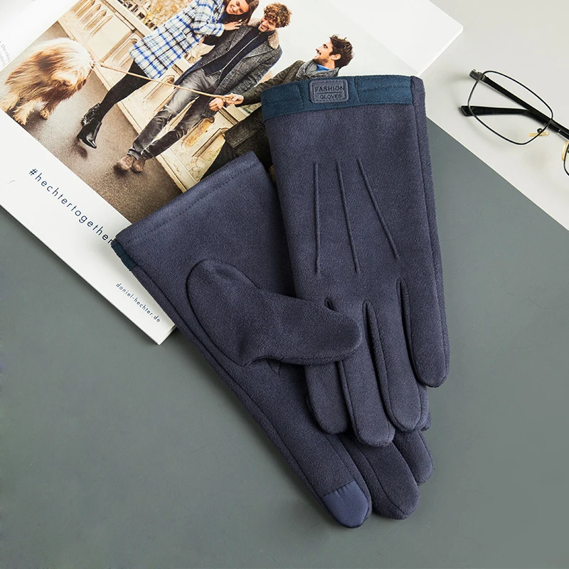 Suede Man Winter Keep Warm Touch Screen Gloves Fashion Add Cashmere Outdoor Windproof Mens Gloves Leisure Cycling
