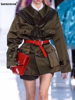 

Free shipping catwalk style tooling pockets straps waist loose coat women's autumn and winter new styles free woolen shawls