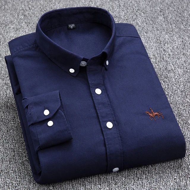 100% Cotton Oxford Shirt Men's Long Sleeve Embroidered Horse Casual Without Pocket Solid Yellow Dress Shirt Men Plus Size 5XL6XL Navy Blue