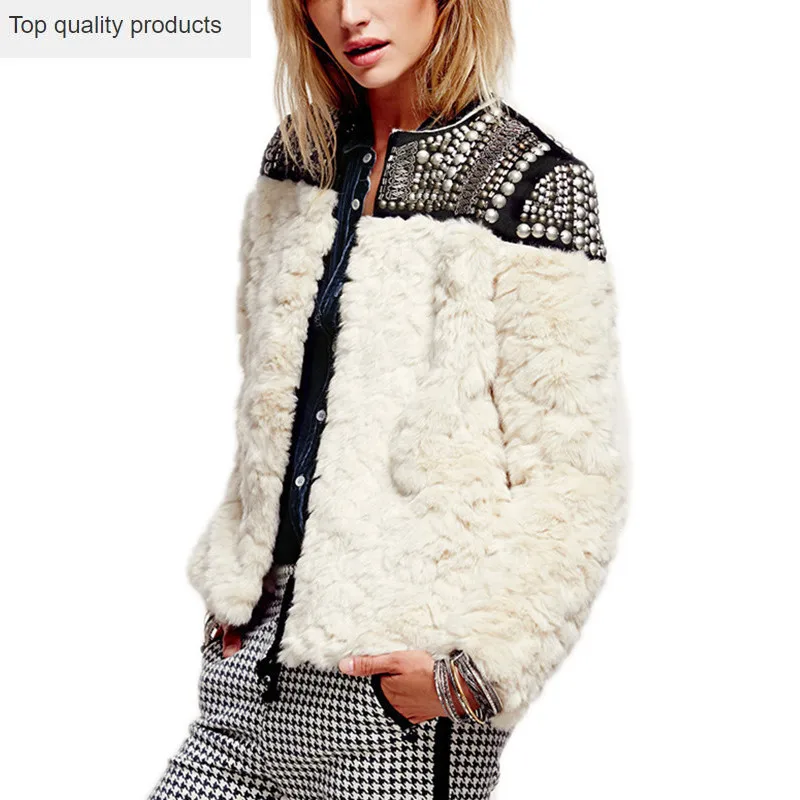 

New Fashion Spring Autumn Women Wool Fur Coat Beige Long Sleeve Beading Patchwork Winter Thick Warm Jackets and Coats LH696