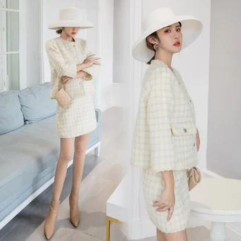 

Fashion 2020 spring plaid jacket female a-line high waist skirt foreign style small fragrance wind tweed suit two-piece