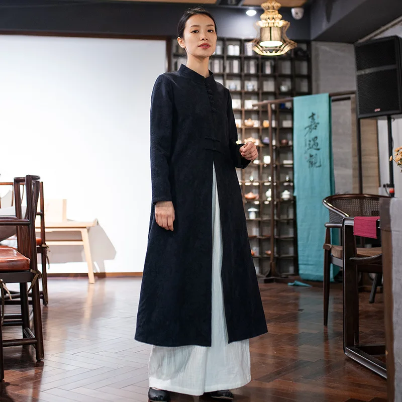 

Coat Women's 2019 Spring Origional Chinese Style Retro Handmade Frog Stand Collar Jacquard Long Cardigan Coat A19050 Jianjun