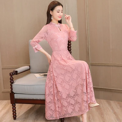pink Кружевное женское платье весна и осень новое ретро улучшенное Чонсам длинное однотонное тонкое женское элегантное вечернее платье vestidos f253 - Цвет: pink