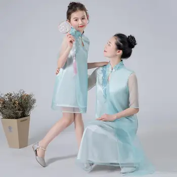 

Hanfu Mother Daughter Lace Dresses Wedding Clothes Mom and Me Dress Ball Gown Mum Girls Dress Qipao Family Match Outfits