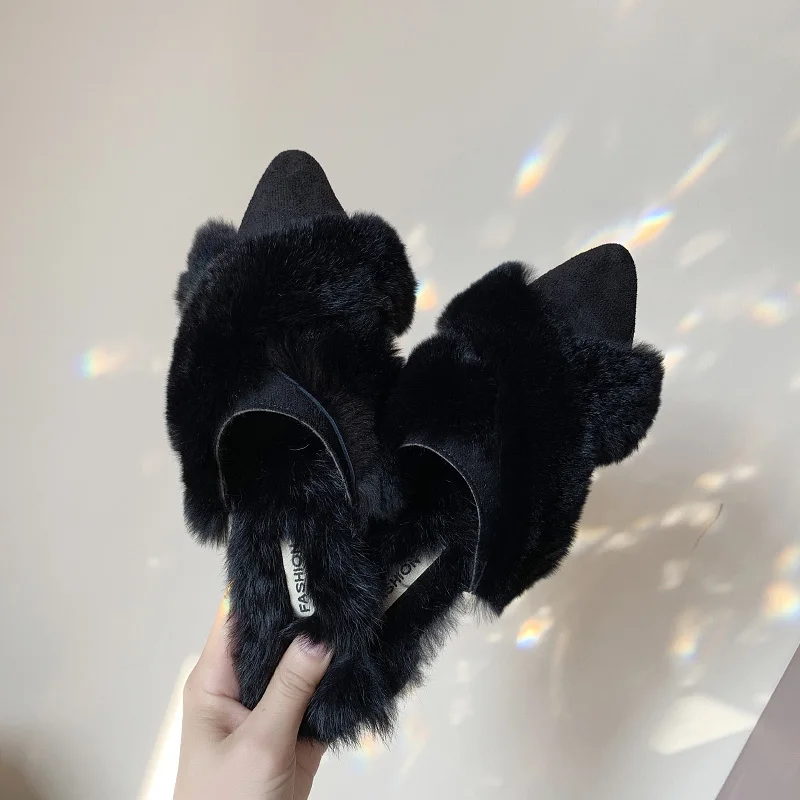 Shoes Woman Slippers Fur Rivet Cover Toe Flock Luxury Slides Low Plush New Flat Pointed Designer Fashion Rubber Basic
