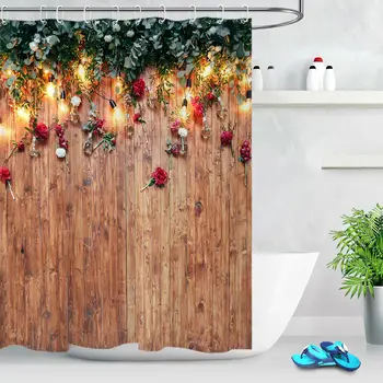 

Rustic Wood Board Flowers & Leaves Bathroom Shower Curtain Set Waterproof Fabric