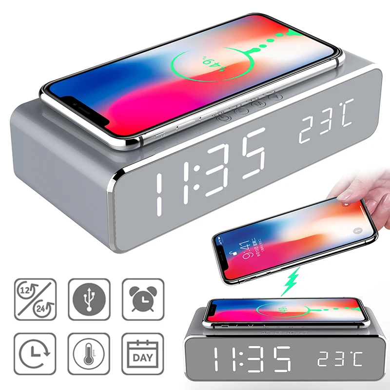 Electric LED Desk Alarm Clock Digital Thermometer Qi Wireless Phone Charger US 
