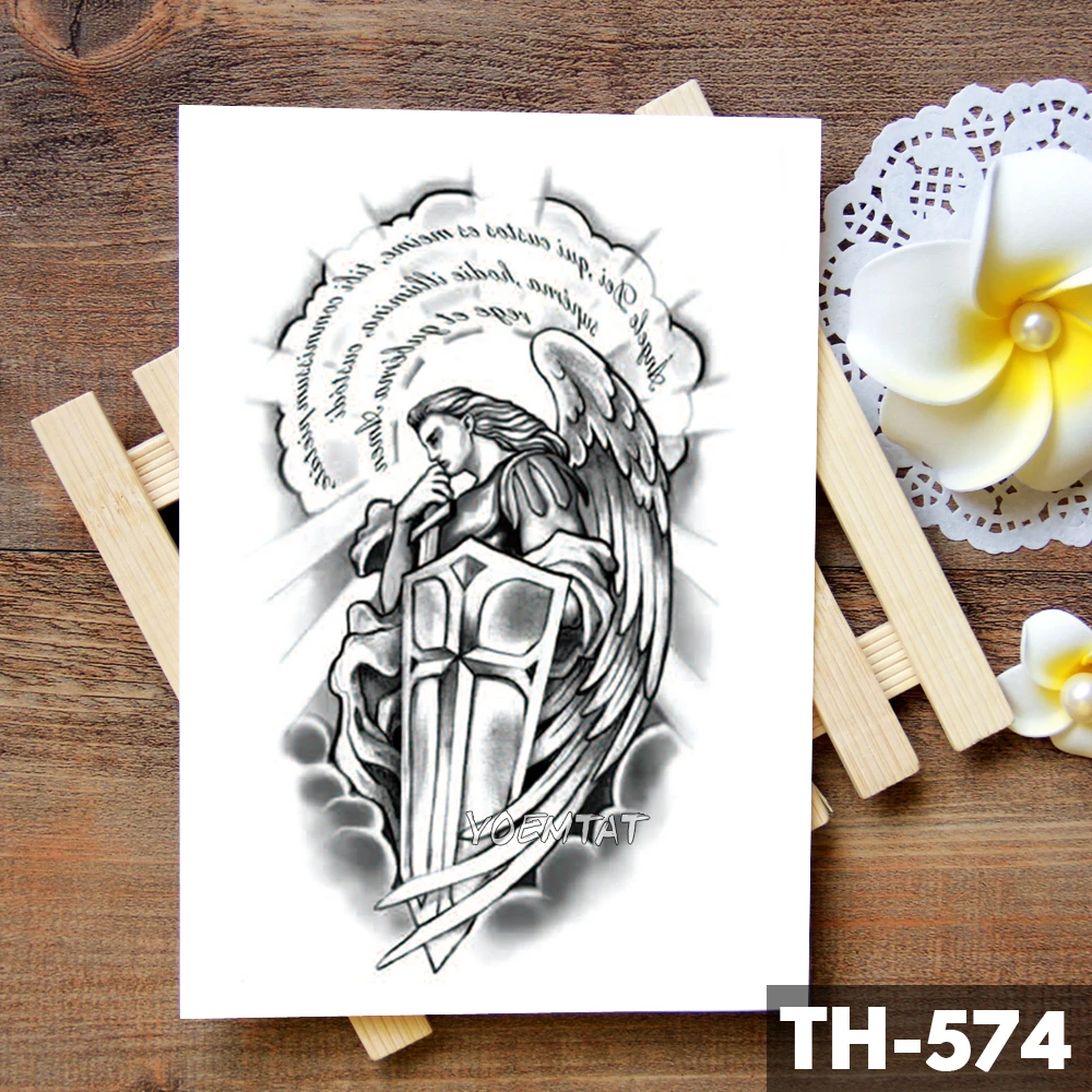 Водостойкая Временная тату наклейка с крыльями святым ангелом храбрыцом воином