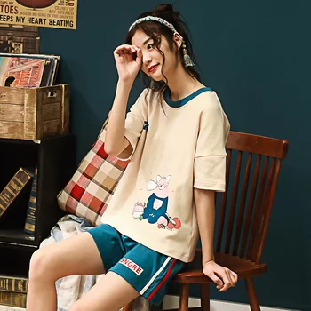 

Summer New Arrival Pajamas For Women Short Sleeve Short Pants Pajamas Set Loose Sleepwear Home Suit Pijama Cotton Pyjamas Women
