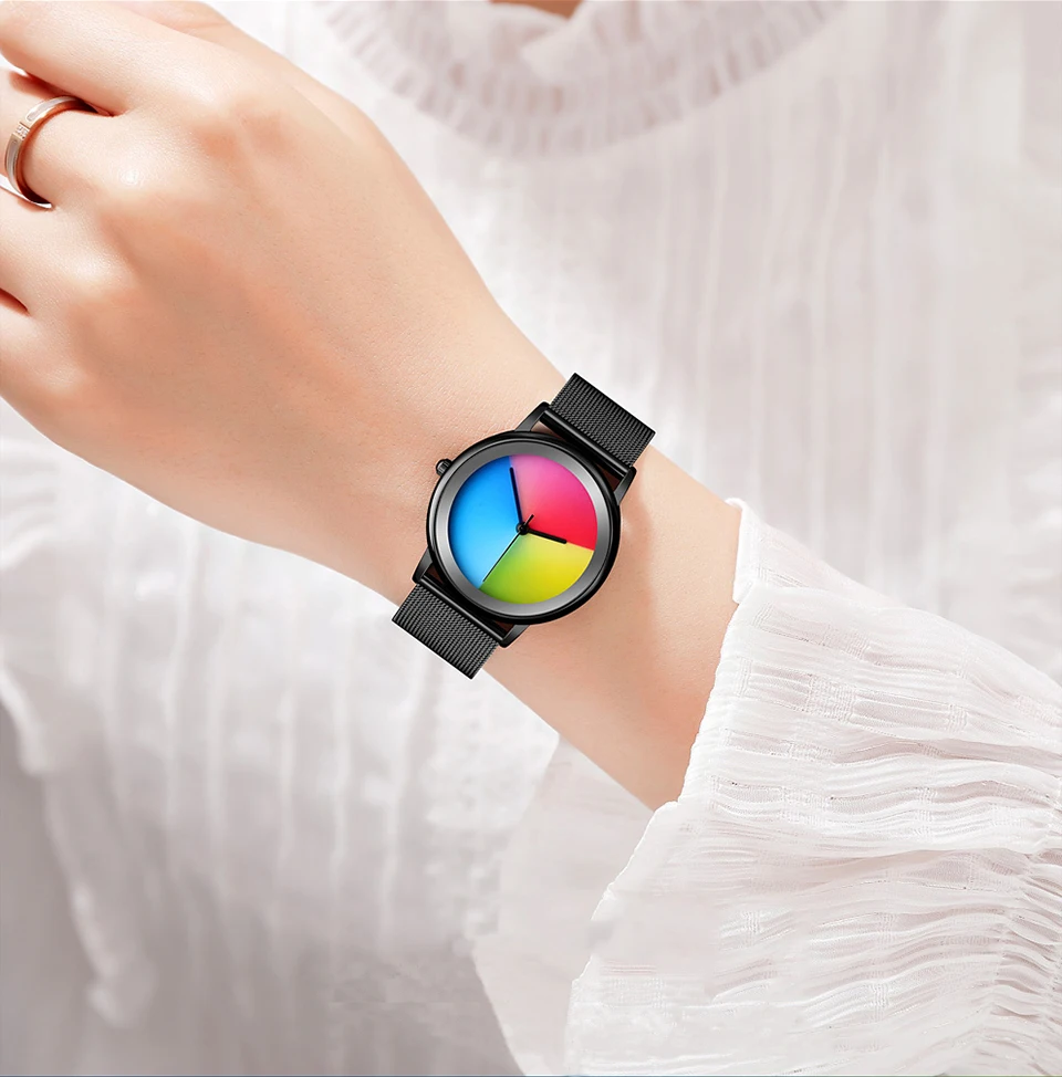 Креативный стиль мода нейтральный Радужный кварц наручные часы для женщин полный стальной ремешок часы для девушек Relogio Feminino