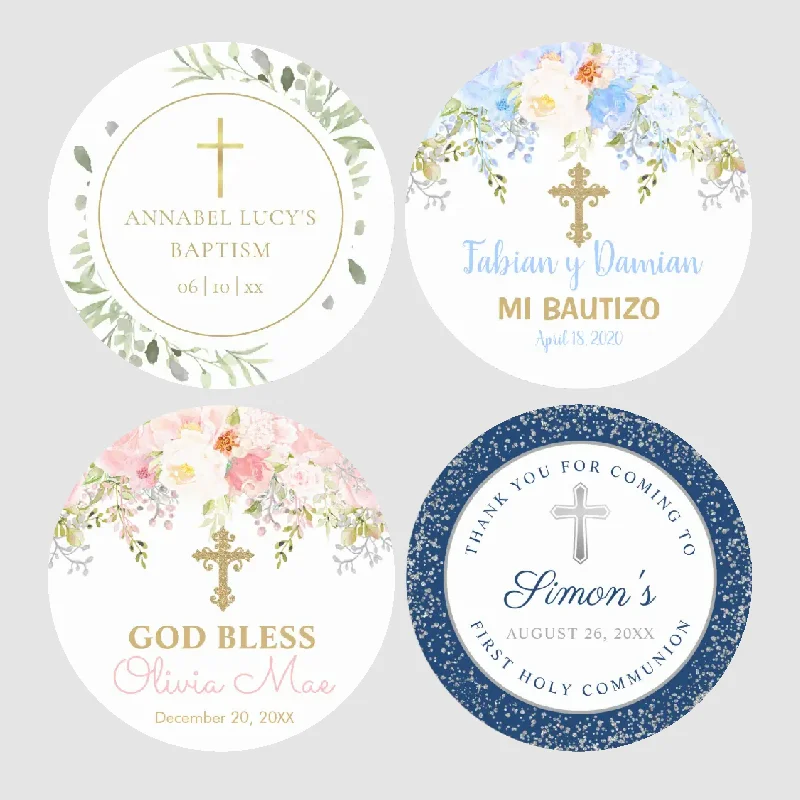 Christening & Baptism Sticker Labels Custom Name Date Text The First Communion Personalized Floral Frame Party Stickers