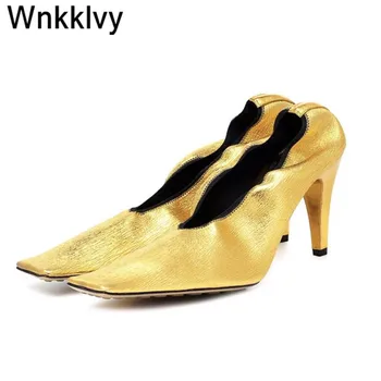 

Wrinkled shoes women spike high heels slip on square toe runway pumps Witch streth gold blue single shoes dress party shoes