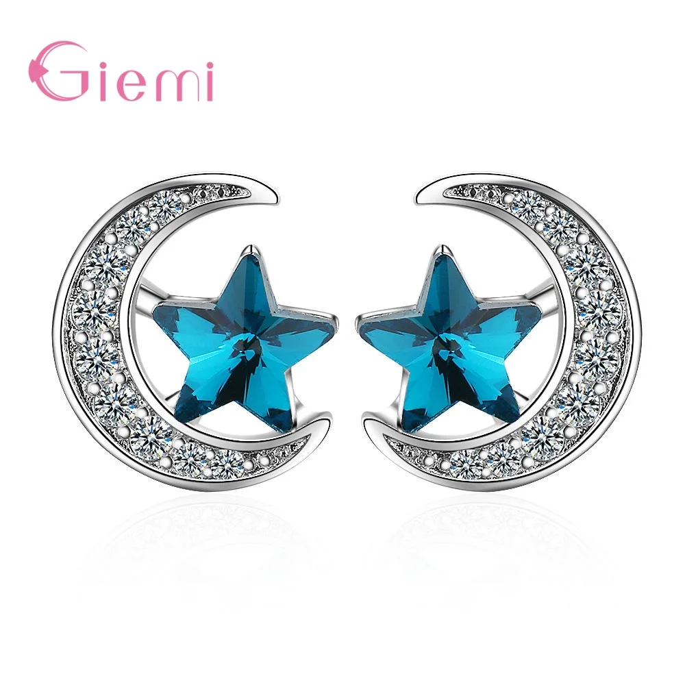Новая мода, 925 пробы, Серебряные стразы, звезда, луна, серьги, Пентакль, серьги-гвоздики для женщин, модные ювелирные изделия