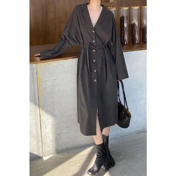 

Hello September2020 Autumn New Style Elegant Korean-style High-waisted Lace-up Lapel Collar Shirt Dress
