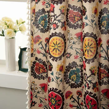 

Cotton Linen Shading Hotel Darkening Soft Living Room Home Decor With Tassels Country Style Curtain Panel Window Floral Printed