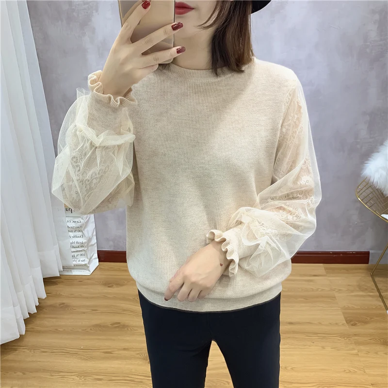 424956-фактический шифоновый кружевной вязаный свитер с рукавами-колокольчиками [H 54] ag - Цвет: Бежевый