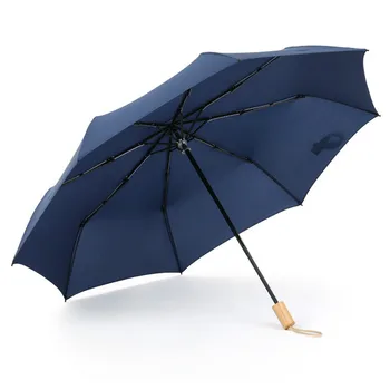 

Simple Plain Color Windproof Solid Wood Handle Umbrella Retro Men Women Tri-fold Umbrella Business Umbrella