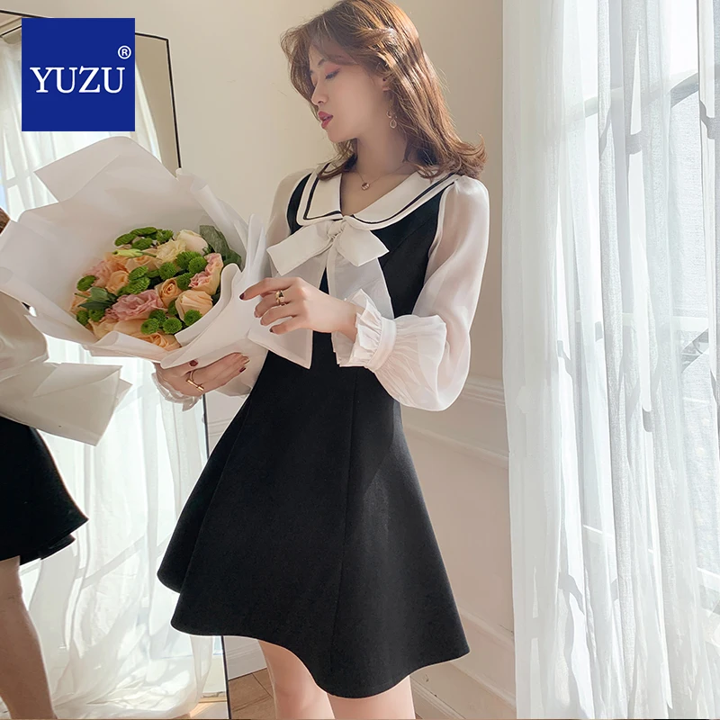 

Bow Tie Neck Black Dress Preppy Style Office Party Cute Peter Pan Collar Chiffon Long Puff Sleeve A Line Mini Dresses