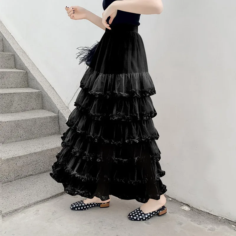 black Новинка, Женская юбка, сексуальная, Модис, кружева, весна, макси, кекс, высокая талия, белая, faldas, сетка, Ретро стиль, черные, ниспадающие, длинные женские юбки - Цвет: black