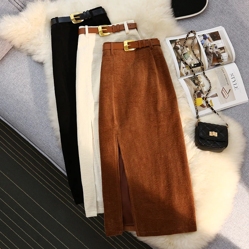 

COIGARSAM Love Women Corduroy Skirt Spring Autumn Vintage Korea Style Office Lady Belt Solid High Waist Zipper Khaki Skirts