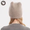 Angora Rabbit Fur Hat for Women Winter Warm Fur Knit Beanie Hats with Cat Ears for Girls 3