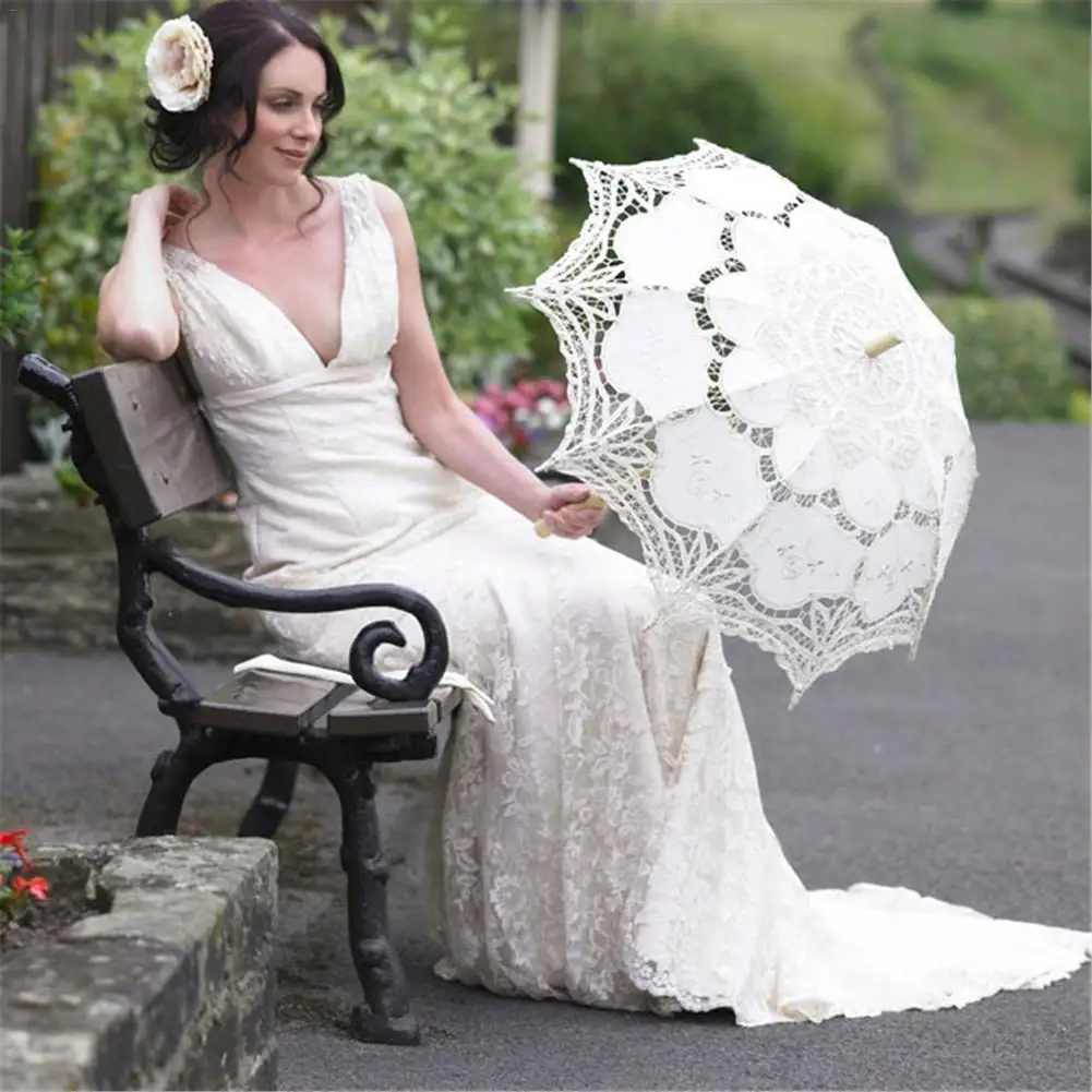 

Lace Parasol Beautiful Wooden Handle Hollowed Lace Bride Wedding Party Sunshade Photography Props