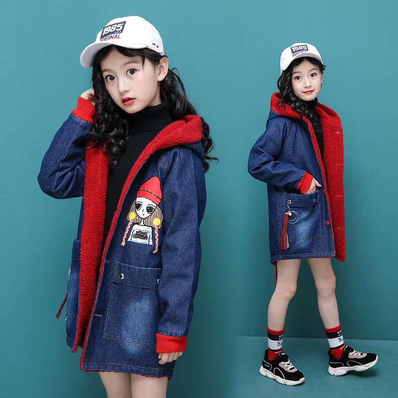

2019 Winter Girls plus Velvet Jeans Coat Little Girl Red Theme Berber Fleece Thick Warm Denim Windbreaker