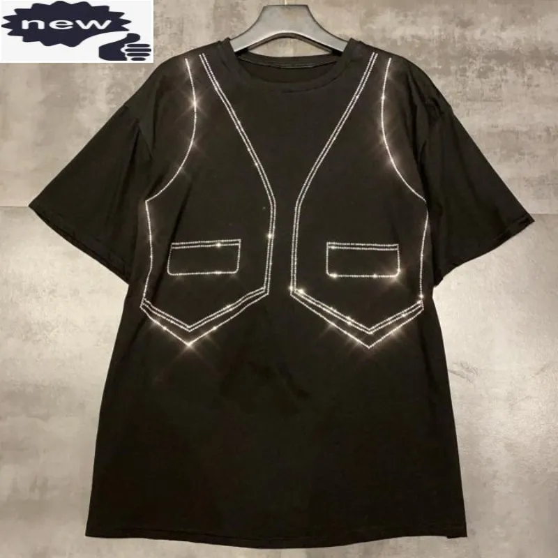 

2021 Summer Diamond O-Neck Short Sleeve T-Shirts Women High Street Loose Pullover Tops Rhinestones White Black Casual T Shirts
