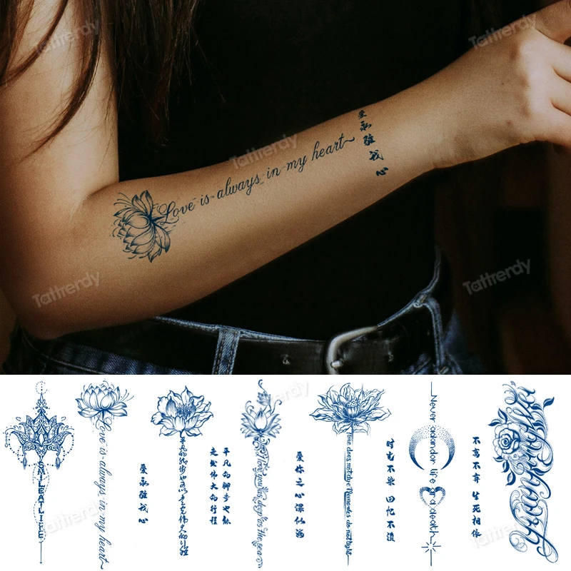 Juice Ink Tattoo Letter Words Lotus Flower Arm Sleeve Tattoo Pattern Long Lasting 7 15 Days Natural Fruit Gel Body Art Painting Temporary Tattoos Aliexpress