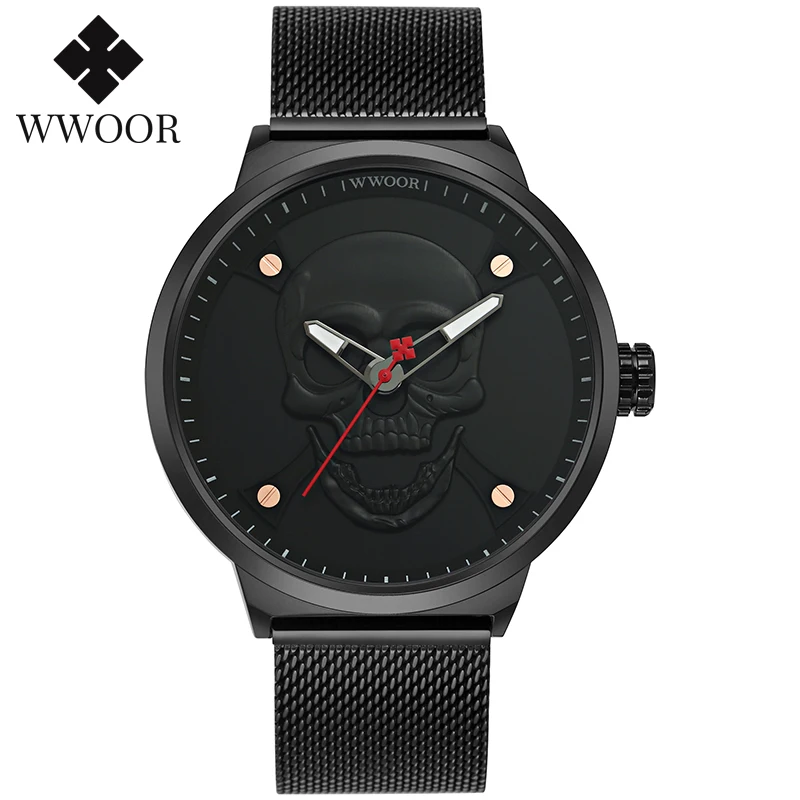 WWOOR мужские часы, горячая Распродажа, модные роскошные часы из нержавеющей стали, 3D Рисунок, черный призрак, череп, кварцевые мужские спортивные часы