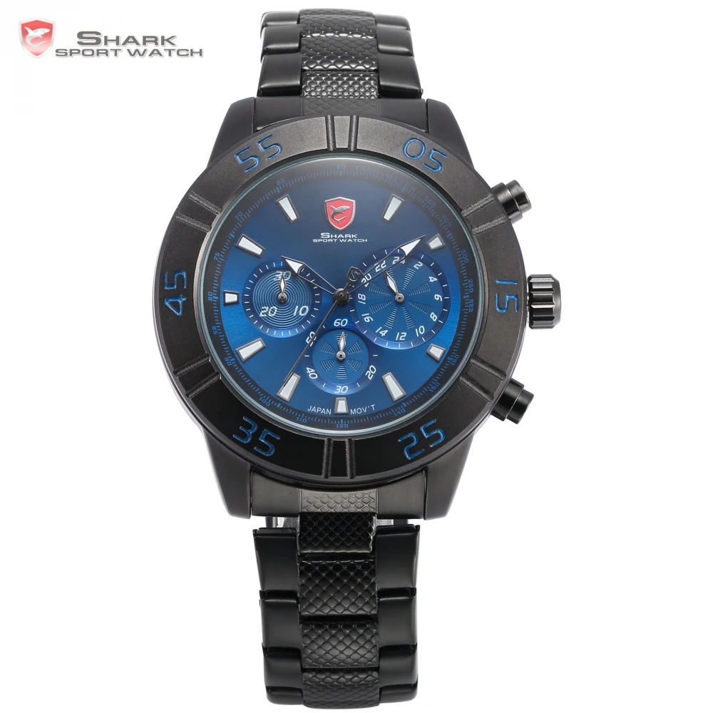 

Sandbar Shark Sport Watch Chronograph Stopwatch Blue Black Stainless Steel Band Six Hands Quartz Men Wristwatch Timepiece /SH301