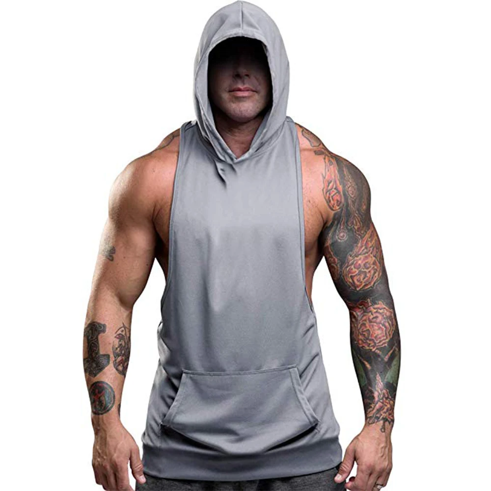 Men's Fitness Gym Solids Bodybuilding Workout Muscle Sleeveless Hoodies Tank Top Athletic Sleeveless Hooded Tops - Цвет: Серый