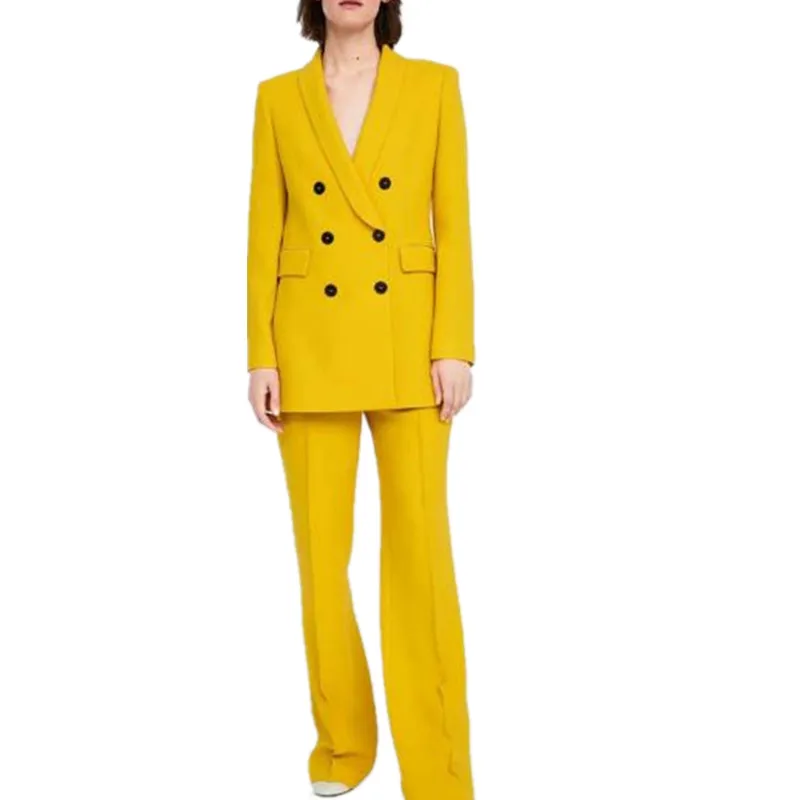 

Women's suit 2 piece set (jacket + pants) women's yellow double-breasted jacket with trousers for ladies business casual suits