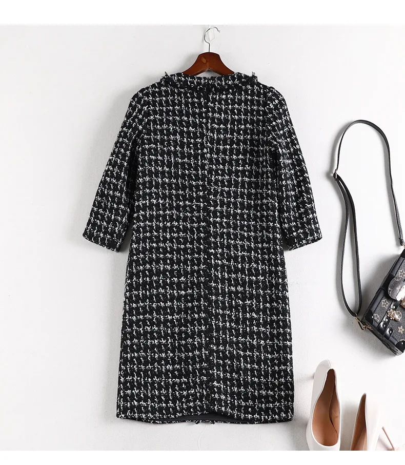 autumn winter women plaid knitted plus size tweed dresses buttonsbow tassel 3/4 sleeve dress 4XL 5XL apricot y489