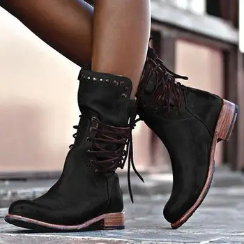 

Women Leather Mid Calf Boots Retro Punk Rivet Lace Up Motorcycle Boots Autumn Winter Low Heels Back Zipper Short Martin Boots