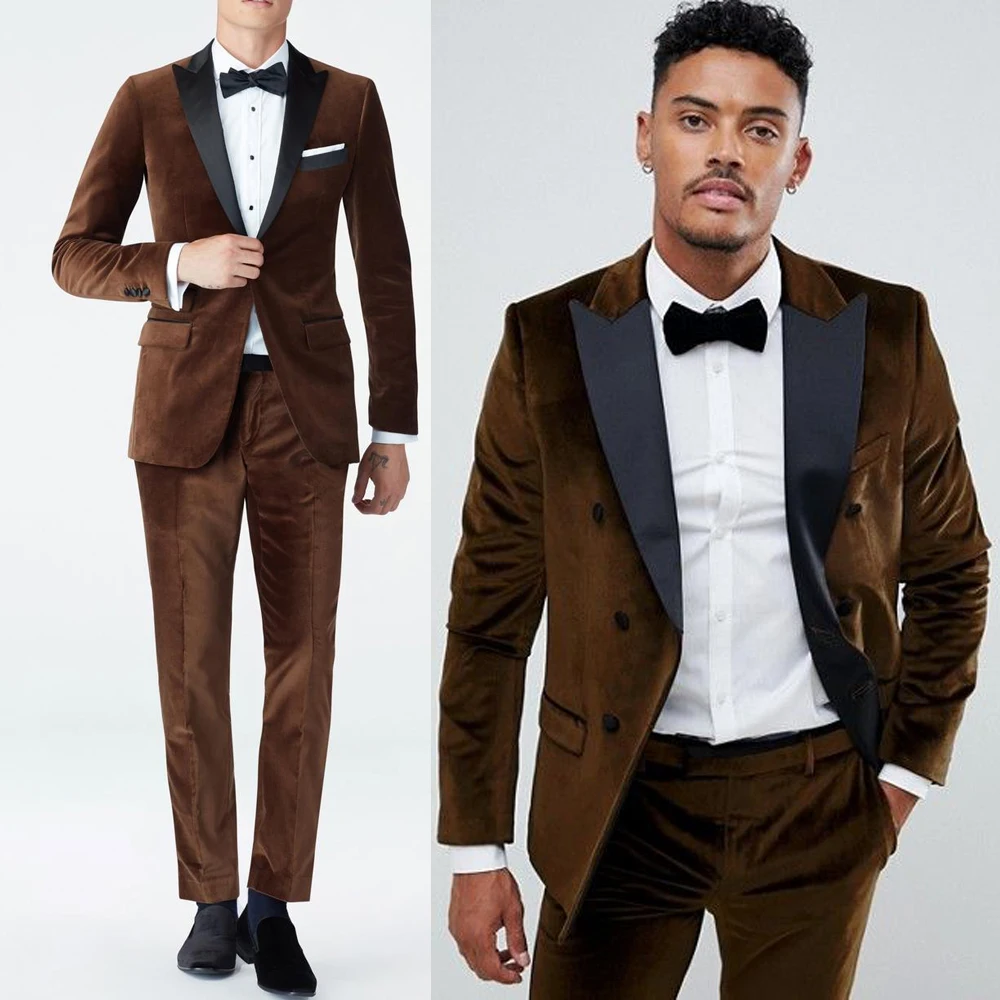 (Jacket+Pants) Suit Men Winter Velvet 2 Piece Groom TuxedosWedding Formal Prom Dinner Party Blazer Best Man Costume Custom Made