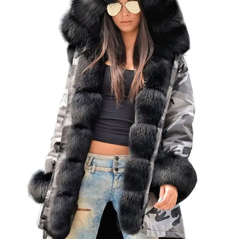 gray camo black Пальто с мехом в европейском и американском стиле, длинная шапка, камуфляжное пальто, Осень-зима, модный стиль, темперамент, куртка, тонкое теплое Женское пальто - Цвет: gray camo black