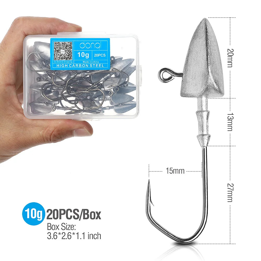 10g DONQL 20 шт./кор. приманка со свинцовым рыболовный крючок Треугольники колючей Jig Head рыболовный крючок для Мягкая приманка в виде червей 3,5g-14g Карп набор рыболовных крючков - Цвет: 10g