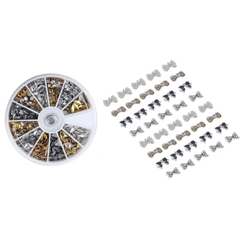 

600 Pcs Nail Art Different Studs Gold & Silver Stud Wheel Manicure & 40Pcs Nail Art Tip Mix Color & Pattern Bowknot