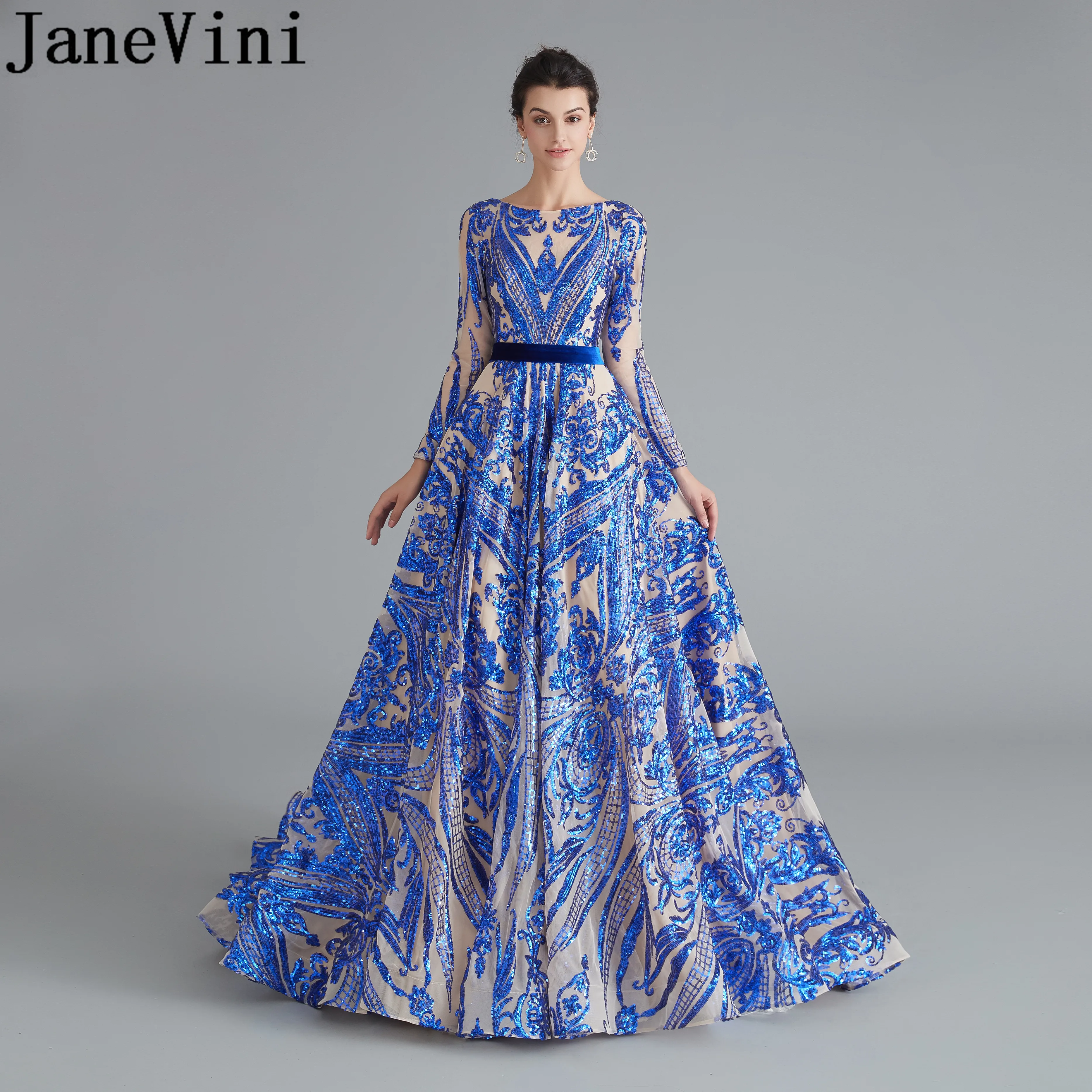 

JaneVini Royal Blue Sequins Long Sleeve Evening Dress Shinning Red Prom Dresses 2019 Lace-Up Sweep Train Women Gala Formal Gowns