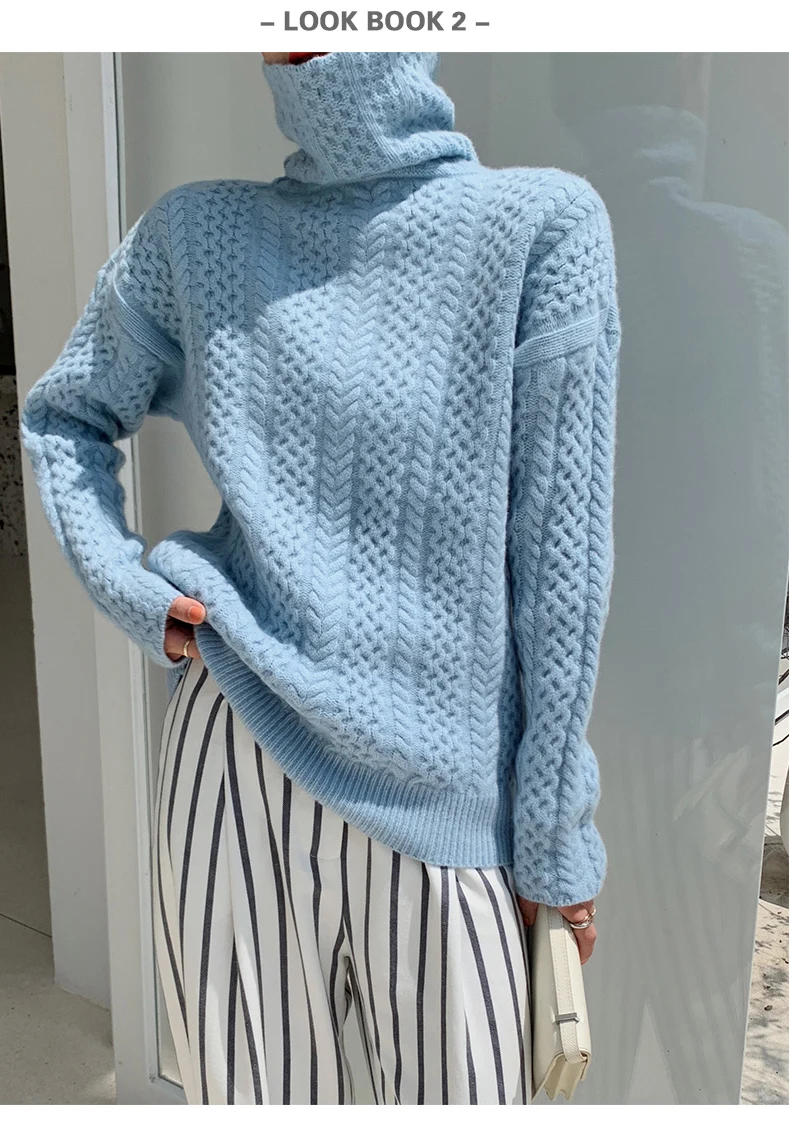 High collar100% pure wool sweater female autumn winter pile pile collar vintage twisted loose loose lazy wind sweater tide