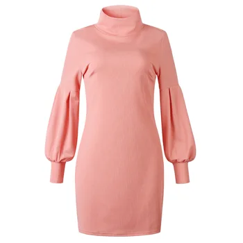 

Women Sweater Dress Solid Color High Neck Long Sleeve Dresses Winter Autumn Warm Sweaters Lantern Sleeve Dress 3Colors Plus Size