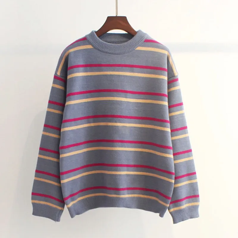

2019 Women Autumn winter Sweater Soft Knitted O-Neck Femme Warm Long Sleeve Striped Pullovers Harajuku Loose Tops #25