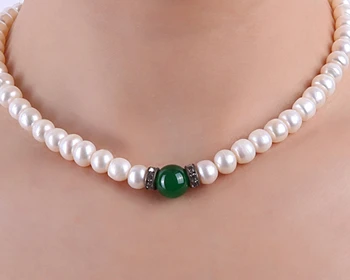 

8.0-9.0 Pearl Necklace 100% Real Natural Freshwater Cultured Necklace With Natural Jade Necklace Choker Necklace 16.0 inches