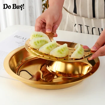 

1 Pcs Dumpling Dish Dual-layer Stainless Steel Round With Dipping Saucer Grid Bowl Kitchen Dumplings Dish Tableware