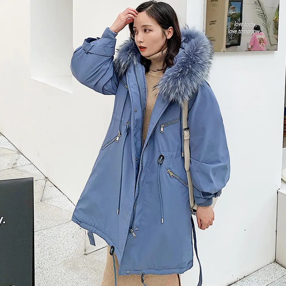 PinkyIsBlack зимнее пальто для женщин зимняя куртка для женщин модное женское пальто с капюшоном тонкая верхняя одежда для женщин утолщенная длинная куртка-парка - Цвет: Синий